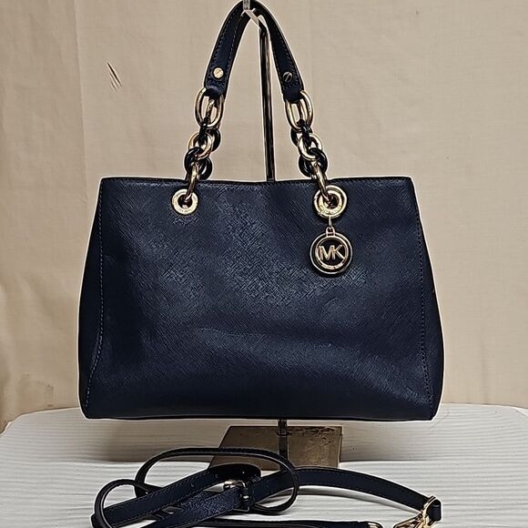 MICHAEL KORS CYNTHIA NAVY BLUE SAFFIANO SATCHEL BFPM-12-212 - Picture 1 of 6
